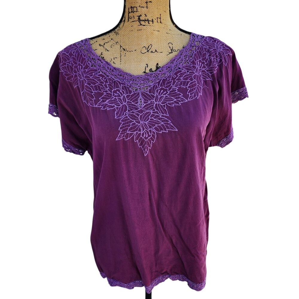 Jane Ashley Purple Embroidered Boho Rayon Blouse Top Women’s Small Lace